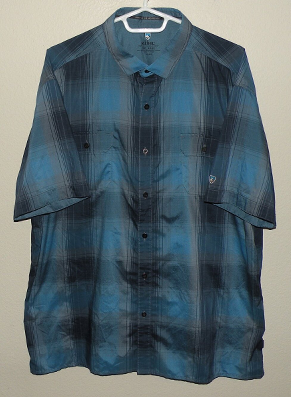 Kuhl Men’s XXL 2XL SS Button Shirt Dark Blue Plaid Hiking Mountains Outdoors